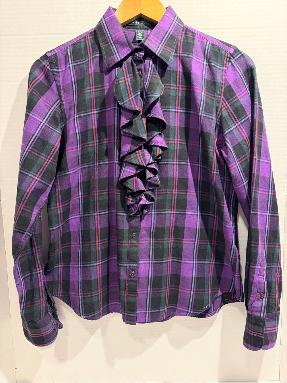 Lauren Ralph Lauren Purple Plaid Ruffle Button-Up Shirt - Medium Petite